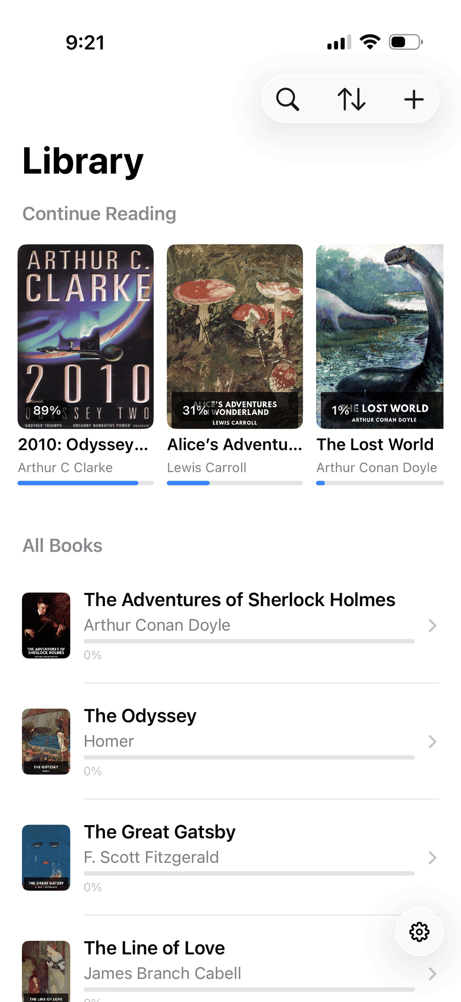 The Walnut Reader library: a Continue Reading shelf, collections, and the full book list with progress bars